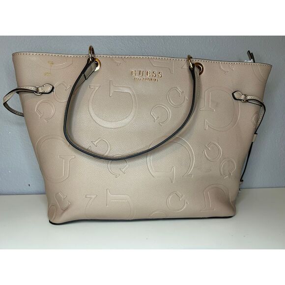 GUESS Melrose Ave Taupe Embossed Logo Tote Bag Handbag Purse Designer Fashion - Picture 1 of 8